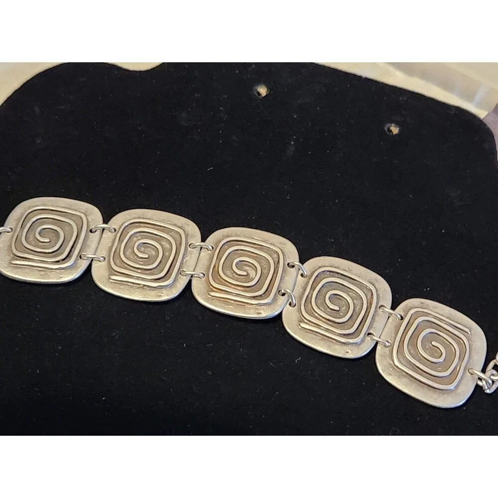 Silver Tone Spiral Panel Bracelet Art Deco Style Link Statement 7”